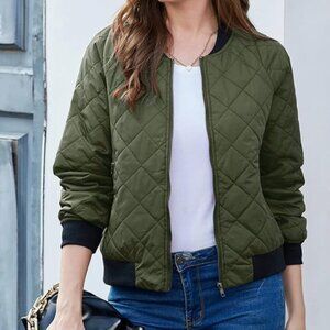 ZEAGOO | Women's Bomber Jacket Quilted Casual Zip Up w Pockets | Green | Size: L